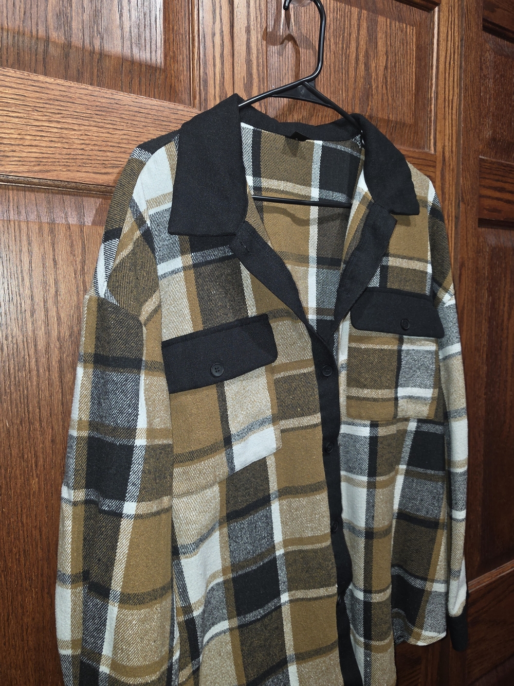 SHEIN Plaid Lightweight Shacket in Brown, Black & White
